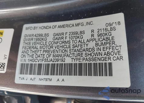 2018 Honda Accord Ex-L из США, поврежденный, VIN 1HGCV1F55JA239192